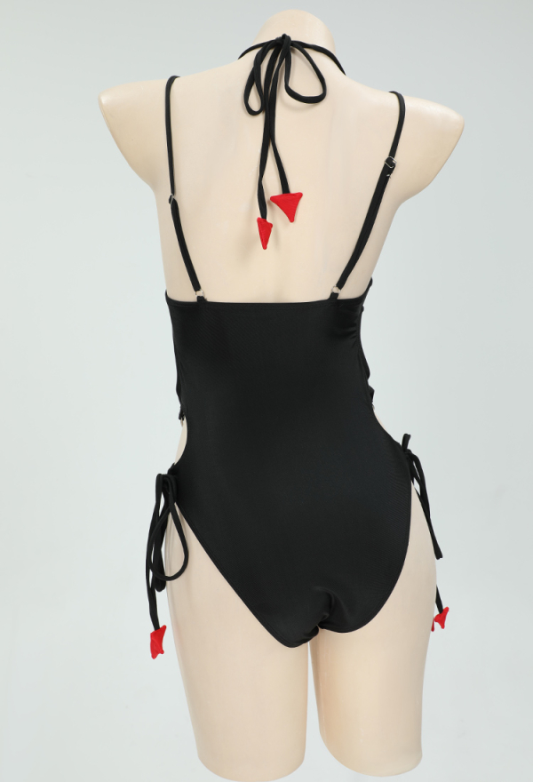 Gothic Devil Style One-Piece Swimsuit Black Halter Hollow Bathing Suit and Semi-Transparent Cover-Up