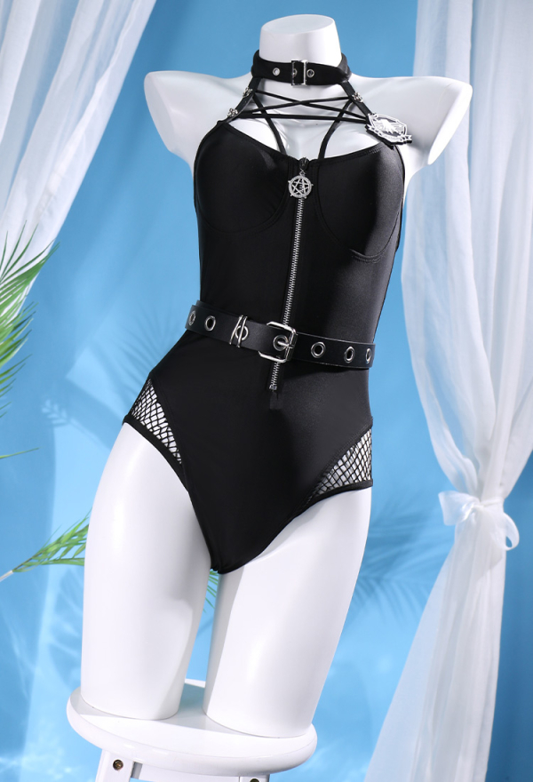 Goth Girl Gothic Black Pentagram and Buckle Decoration one-Piece Swimsuit with Belt and Badge