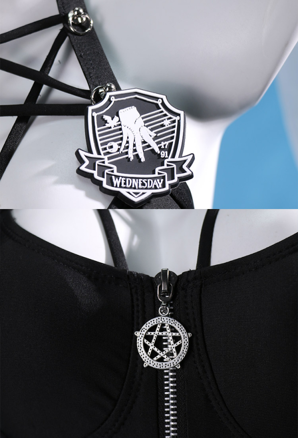 Goth Girl Gothic Black Pentagram and Buckle Decoration one-Piece Swimsuit with Belt and Badge
