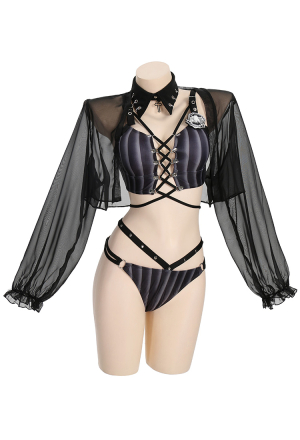 Goth Girl Gothic Polyester Black  Drawstring Decoration Two-Piece Swimsuit with Cover-up