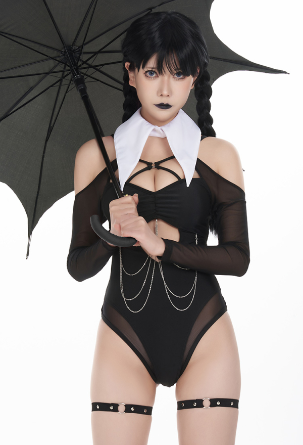Goth Girl Gothic Cutout Black One-Piece Swimsuit With Leg Strap And Collar