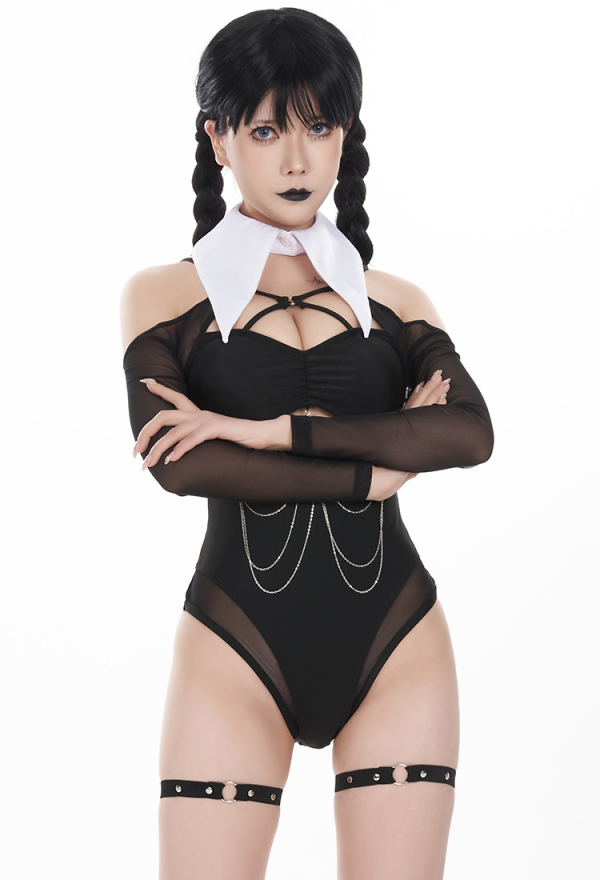 Goth Girl Gothic Cutout Black One-Piece Swimsuit With Leg Strap And Collar