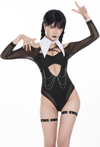 Wed Gothic Cutout Black One-Piece Swimsuit With Leg Strap And Collar