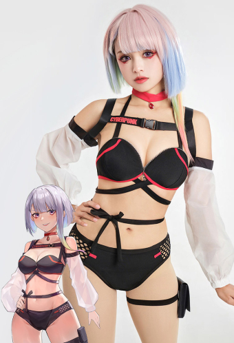 Cyberpunk Girl Sexy Lace-up Two-Piece Swimsuits with Choker and Cover-up