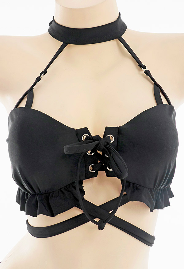 Miss Misa Gothic Dark Widow Black Cross Rope Halter Bikini Set