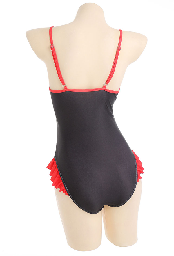 Emily the Strange Black Fantasy One-Piece Swimsuit Print Lace-up Ruffled Bathing Suit With Mesh Shrug Cover Up