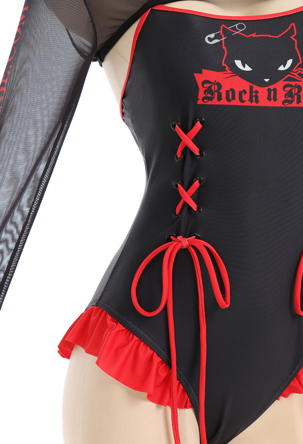 Emily the Strange Black Fantasy One-Piece Swimsuit Print Lace-up Ruffled Bathing Suit With Mesh Shrug Cover Up