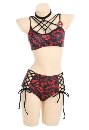 Emily the Strange Shadow Chic Two-Piece Swimsuit Print Halter Pentagram Top and Lace-up Bottom