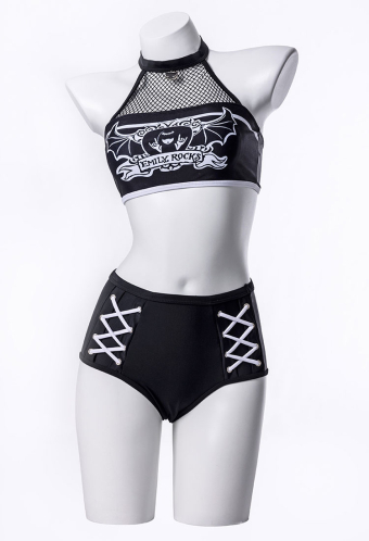 Emily the Strange Emily's Whimsy Two-Piece Swimsuit Print Halter Top and High Waist Bottom
