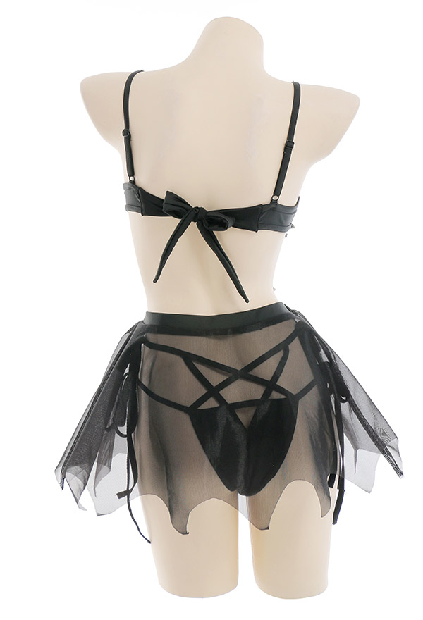 Little Bat Gothic Black drop-shaped cutout One-Piece Swimsuit with Batwing Skirt