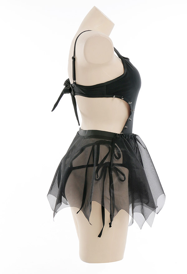 Little Bat Gothic Black drop-shaped cutout One-Piece Swimsuit with Batwing Skirt