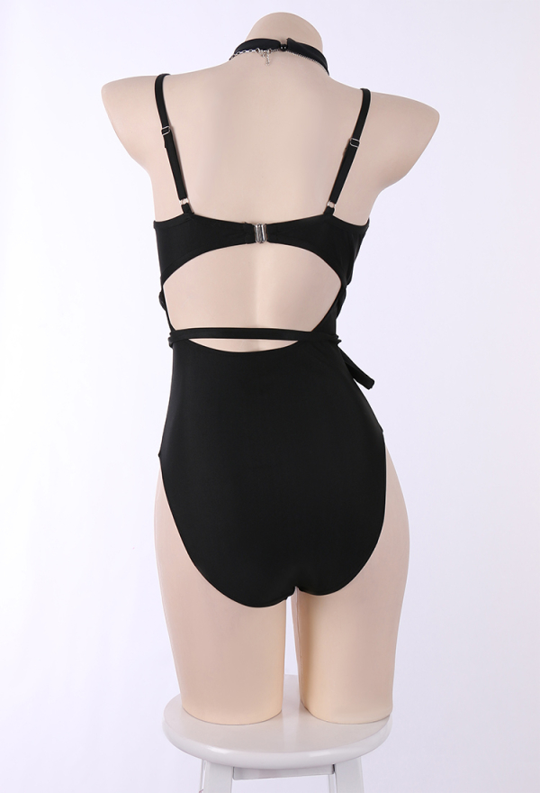 Gothic Butterfly Cutout Black Drawstring One-Piece Swimsuit with Choker and Necklace