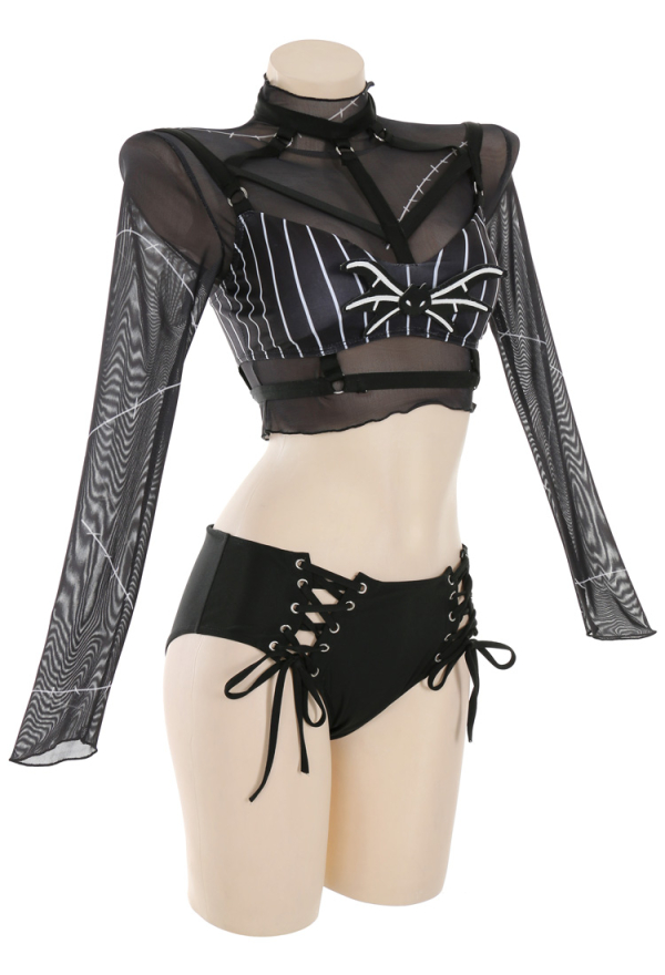 Nightmare Gothic White Striped Top Black Two-Piece Swimsuit with Mesh Top
