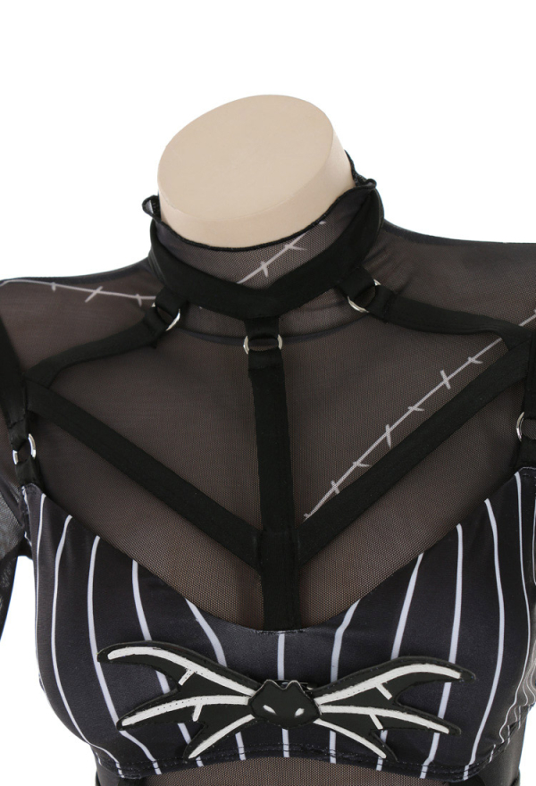 Nightmare Gothic White Striped Top Black Two-Piece Swimsuit with Mesh Top