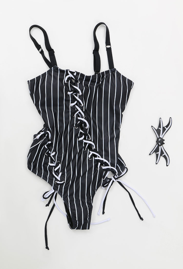 Nightmare Gothic Black and White Striped Decoration One-Piece Swimsuit with Accessories