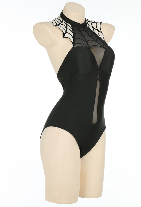 Night Spinner Cobweb Cutout Gothic Black Halter One-Piece Swimsuit