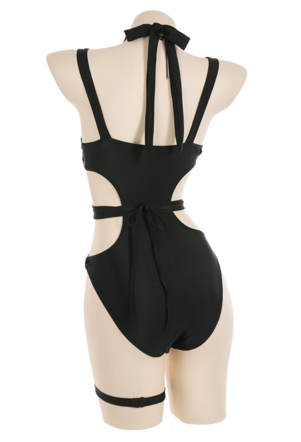 Black Cross Gothic Chest Zipper Buckle Decoration Black One Piece Swimsuit with Necklace and Leg Ring