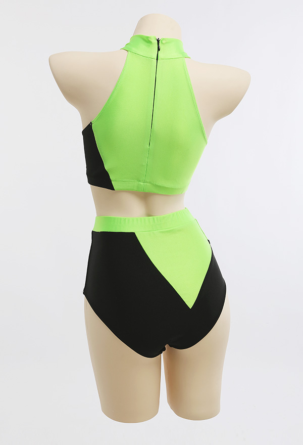 Green Menace Shego Gothic Black and Green Vest Halter Top High Waist Panty Two-Piece Swimsuit