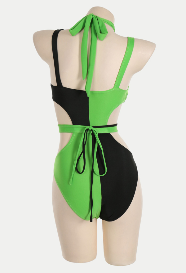 Green Menace Sexy Black and Green Buckle Decoration One-Piece Swimsuit