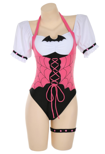 Blood Girl Gothic Pink Bat Wing One-Piece Swimsuit with Leg Ring