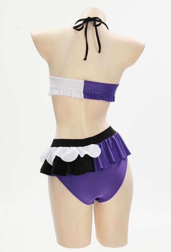 Gothic Style Black Purple Swimsuit Halter Lace-up Top and Triangle Bottoms Bathing Suit