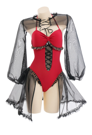 LEVITATING Women Gothic Vampire Beach Halter Swimsuit Dark Style Red and Black Ruffle Hem Decorated Bathing Suit with Top and Tulle Skirt