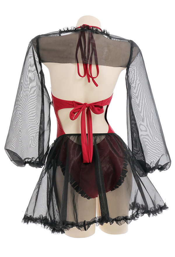 LEVITATING Women Gothic Vampire Beach Halter Swimsuit Dark Style Red and Black Ruffle Hem Decorated Bathing Suit with Top and Tulle Skirt