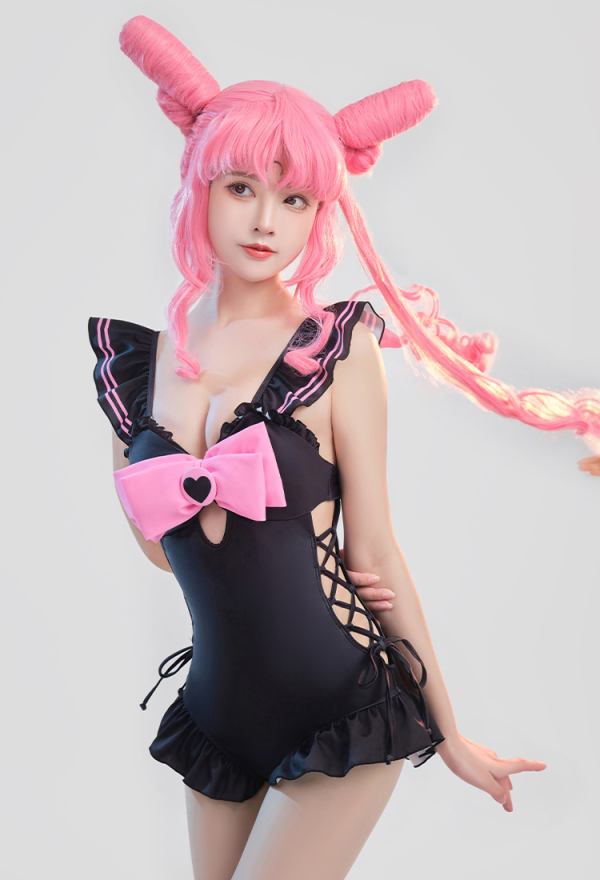 SUNDAY CANDY Kawaii Goth Girl One-piece Bathing Suit Black and Pink Bowknot Decorated Lace- up Monokini