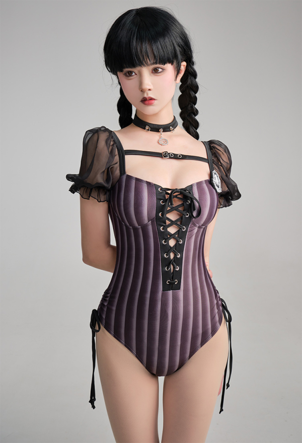Goth Girl Black Puff Sleeves Striped Lace Up One-Piece Swimsuit with Badge and Choker