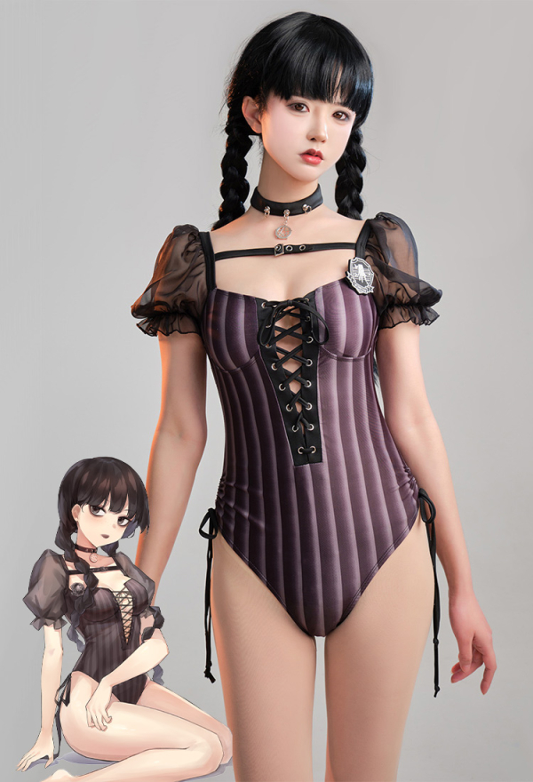 Goth Girl Black Puff Sleeves Striped Lace Up One-Piece Swimsuit with Badge and Choker
