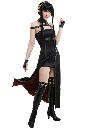 Yor Costume Dark Style Black PU Leather Halter High-Low Dress for Halloween Party Wear with Leather Stockings