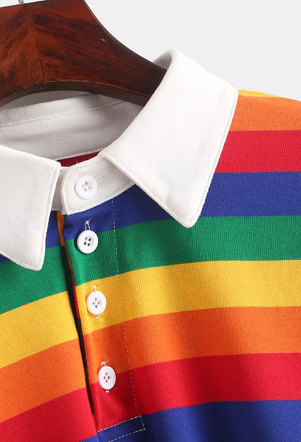Woman Fashion Pride Blouse Shirt Rainbow Stripe Button Long Sleeve Polo Collar Shirt