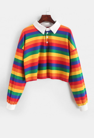 Woman Fashion Pride Blouse Shirt Rainbow Stripe Button Long Sleeve Polo Collar Shirt