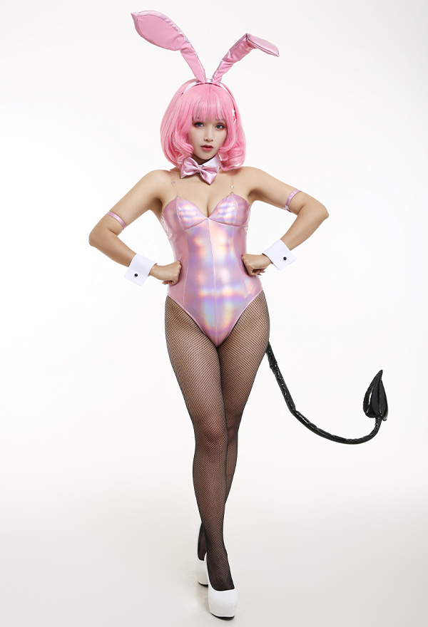 Bunny Girl Temptation Cute One Piece Bodysuit Pink Spandex Backless Bow Decorated Bodysuit with Hair Clips and Tail