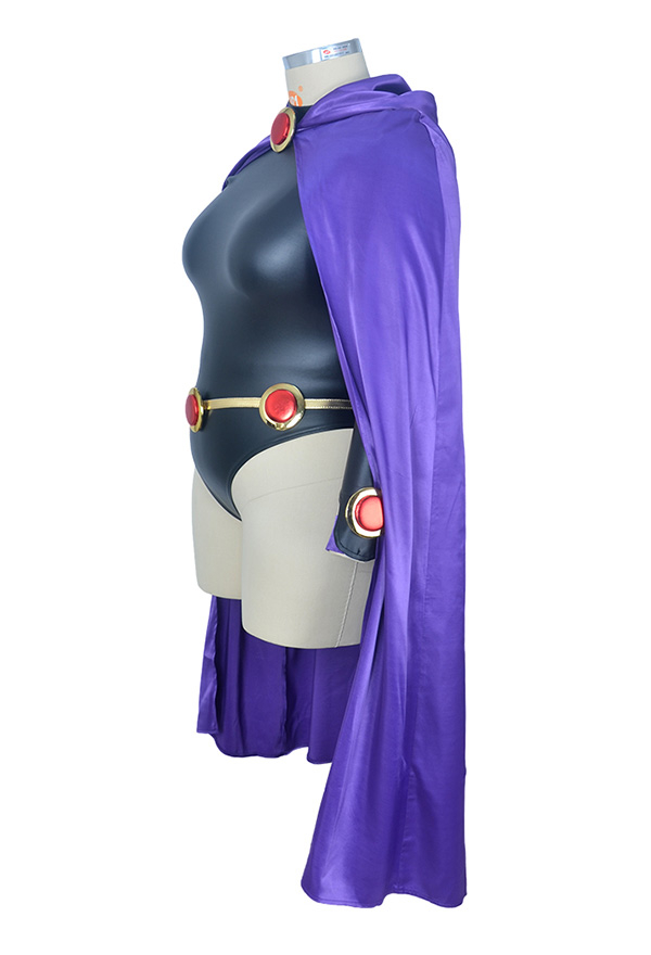 Plus Size Gothic Devil Demon Bodysuit Black PU Leather Halloween Costume with Decorated Belt and Purple Cloak