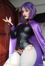 Raven Gothic Devil Demon Bodysuit Black PU Leather Halloween Costume with Decorated Belt and Purple Cloak