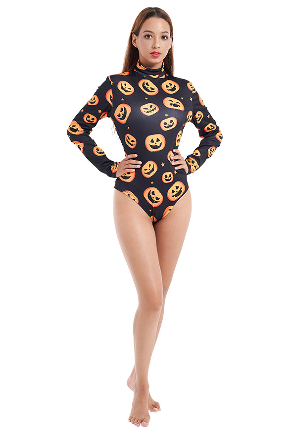Halloween Women Black Devil Pumpkin Pattern Long Sleeves Bodysuit