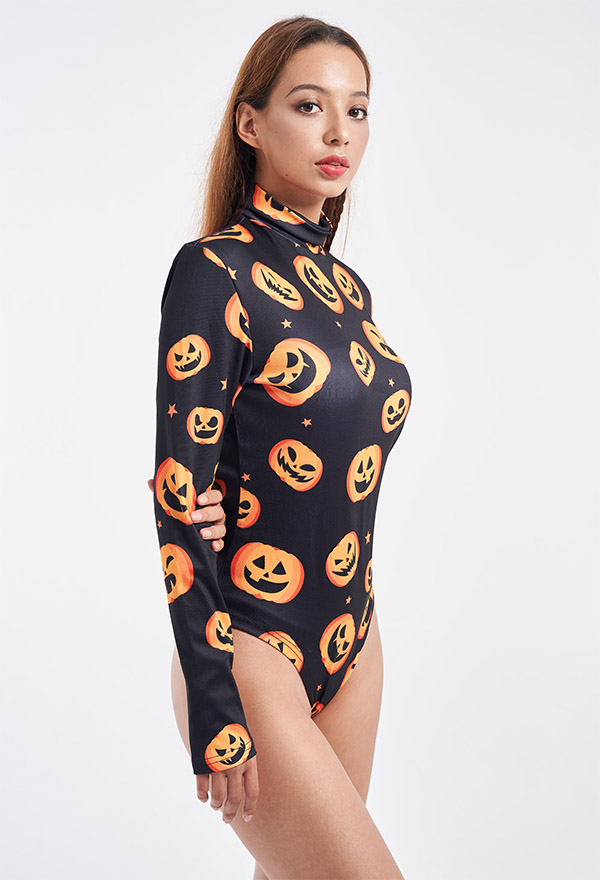 Halloween Women Black Devil Pumpkin Pattern Long Sleeves Bodysuit
