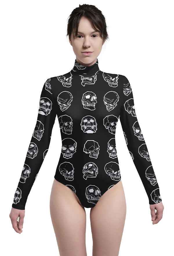 Halloween Gothic Shape Your Beauty Evil Girl Bodysuit Black Skeleton Pattern Long Sleeved Leotard for Women