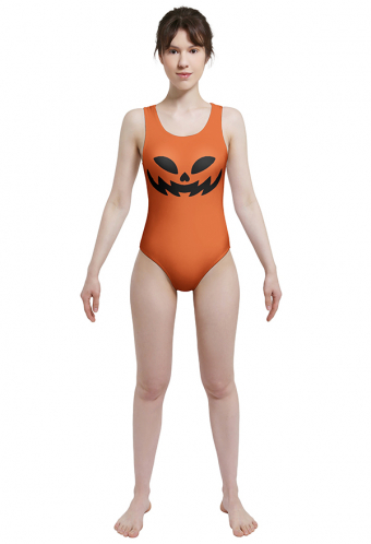 Gothic Halloween One-Piece Costume Swimsuit Dark Style Polyester Cartoon Orange Grimace Pattern Swimsuit