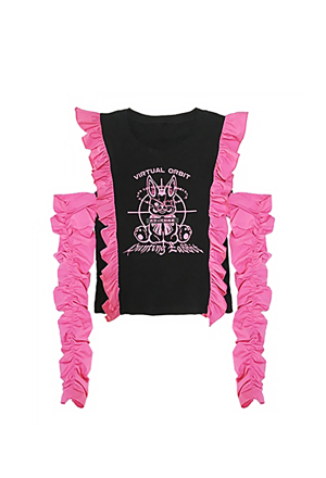Slay Girl Women Black Pink Bunny Print Ruffled Egirl Style Top