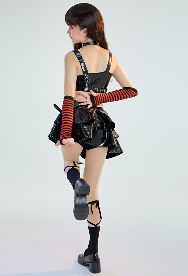 Hard Bounce Women Gothic Clubwear PU Butterfly Top Mini Skirt Set