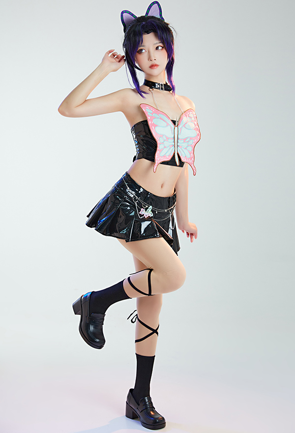 Hard Bounce Women Gothic Black Pink Clubwear PU Butterfly Top Mini Skirt Set