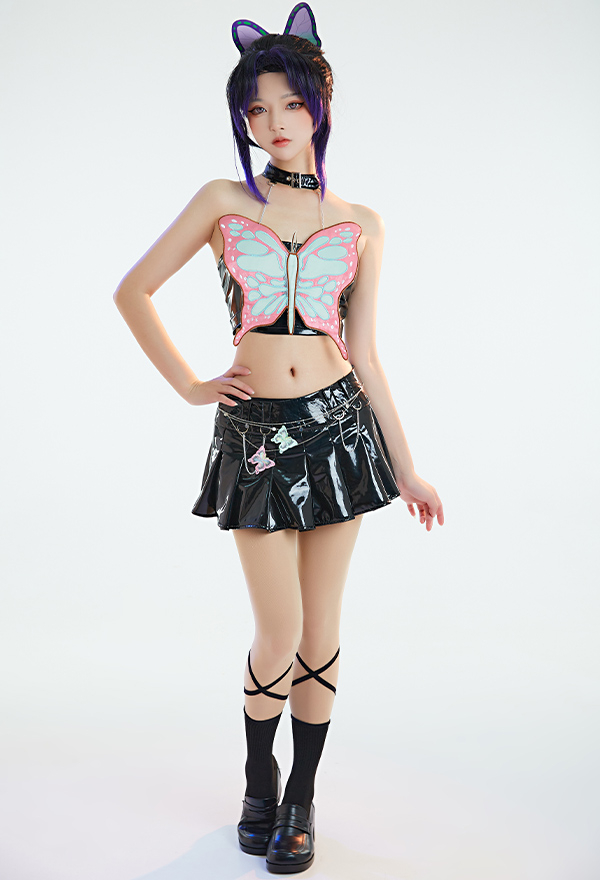 Hard Bounce Women Gothic Black Pink Clubwear PU Butterfly Top Mini Skirt Set