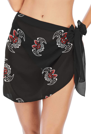 Gothic Stylish Bloody Bat Pattern Beach Wrap Black Chiffon Short Wrap Skirt