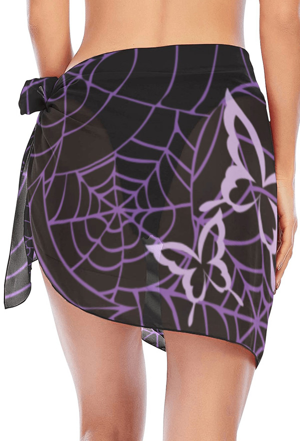 Gothic Attractive Butterfly and Spiderweb Pattern Beach Wrap Black Chiffon Short Wrap Skirt