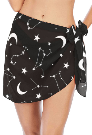 Starry Night Gothic Black Moon and Star Print Beach Wrap Skirt