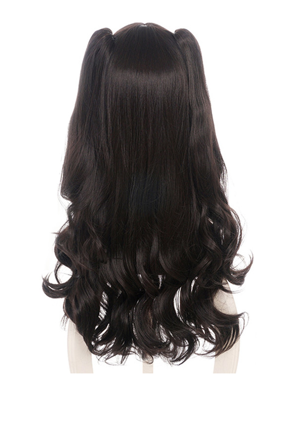 Dark Grey Color Long Curly Cosplay Wig With Two Ponytails