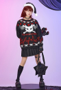 Bad Kitten Women Christmas Gothic Cat Skull Print Knitted Crewneck Sweater