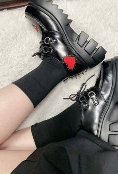 Gothic Lolita Shoes in Retro Style Black Leather School Uniform Lace Up Footwear With Heart Decoration